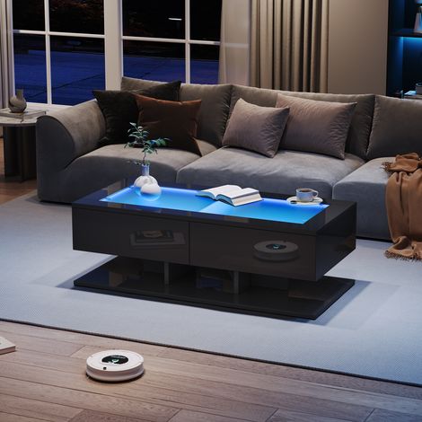 Table basse noire laquée brillante 100x50x35 cm avec tiroirs, plateau en verre et éclairage LED intégré pour salon lumineux