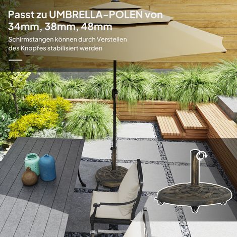 Pied de parasol en béton avec roulettes, support rond pour mâts de 32/38/48 mm, base stable pour ombrelle extérieure (1/4)