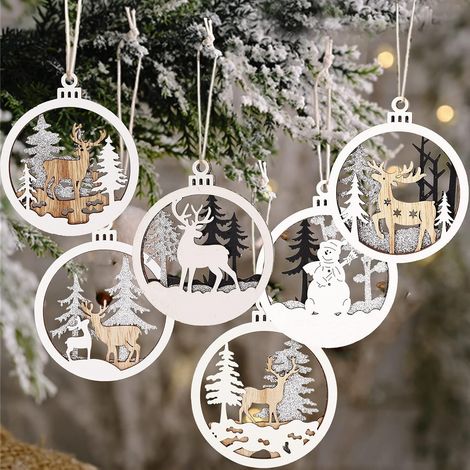 Weihnachtsbaumschmuck „Winter Wonderland“ – 6er-Pack Weihnachtsschmuck aus Holz für den Winter-Christbaumschmuck, zufällige Muster (1/5)