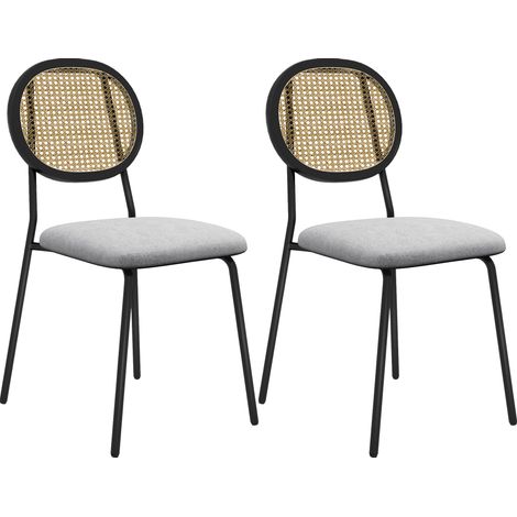 Lot de 2 chaises style vintage acier noir dossier ovale aspect rotin assise tissu gris (1/5)