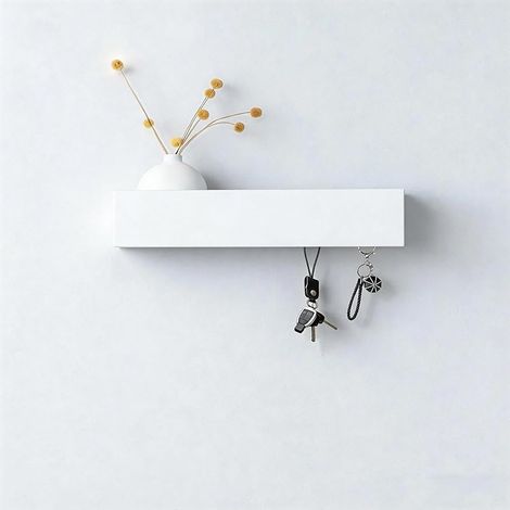 Porte-clés mural avec étagère, porte-clés mural à 5 crochets, organisateur de clés mural en métal et bois, gain de place 30 x 7,5 x 6 cm, blanc, pour entrées, couloirs, salons (1/5)