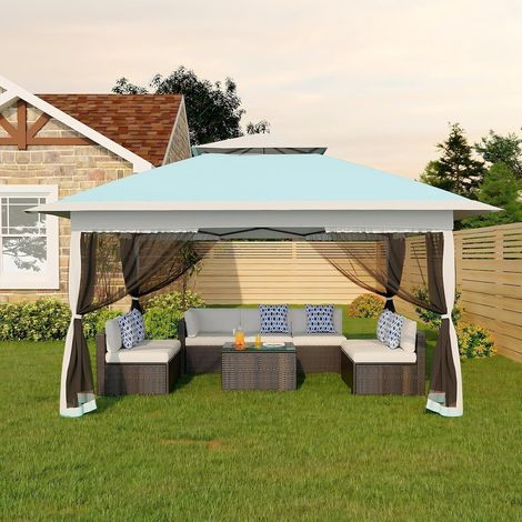 tonnelle pop-up 366x366 cm double toit hauteur ajustable moustiquaire résistant UV bleu terrasse extérieur (1/5)