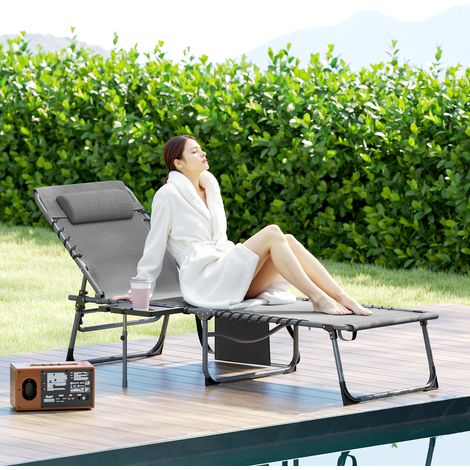 Chaise longue jardin pliante inclinable à 5 étages table d’appoint poche - Dimensions: 60x190x31 cm - Couleur: Noir, Gris