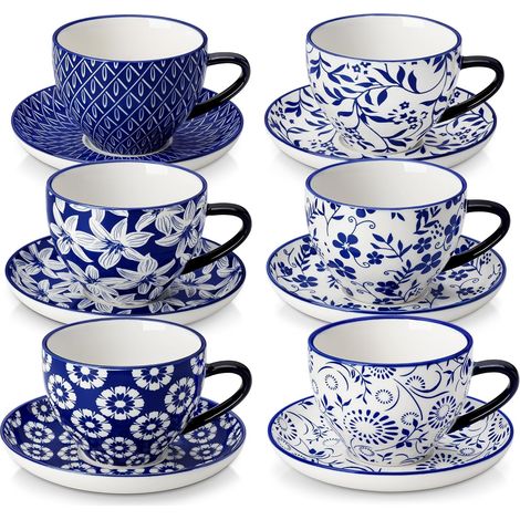 Tasses à Café Espresso et Mugs et Soucoupes - 6 x 240 ml - Mug en Porcelaine à anses pour Thé, Café, Cappuccino - Résistants au Lave-vaisselle et au Micro-ondes - Bleu et Blanc Vintage (1/5)