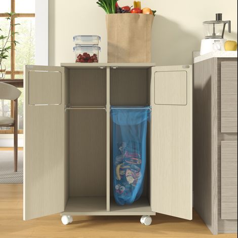 Meuble de rangement poubelle 2 bacs, armoire à déchets roulante finition chêne clair, placard de tri sélectif double porte avec roulettes blanches, idéal cuisine et salle à manger, 46,7 x 35 x 80 cm (1/5)