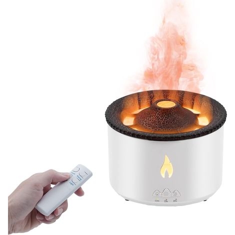 Difusor de aromaterapia Volcano, 360 ml, con llama eléctrica, temporizador, cambio de luz y control remoto, con enchufe europeo, color blanco/gris (1/5)