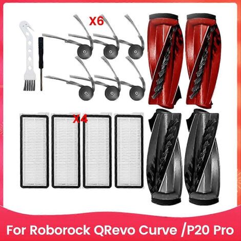 Lot de 16 pièces de rechange lavables pour aspirateur Roborock QRevo Curve / P20 Pro : brosse principale et brosse latérale.