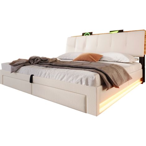 Lit coffre capitonné 180x200 avec rangement hydraulique, ports usb et type-c, éclairage led avec commande boutonapp, sans matelas, tissu lin, beige (1/5)
