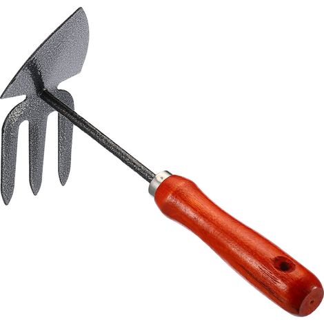 Binette et râteau de jardinage à la main de 25,9 cm, en acier au carbone, outil à double usage pour ameublir le sol pour désherber creuser, noir/rouge (1/5)