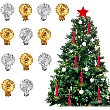 [Pinzas para velas de árbol de Navidad] CandleStar FlowerClip - Juego de 12 unidades en metal color plata (4x4cm) - Decoración navideña práctica (1/5)