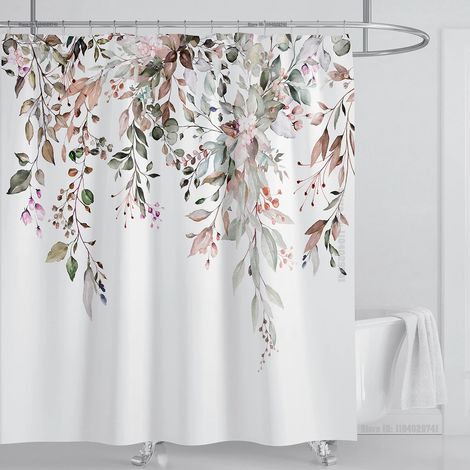 Filiyano-Rideau de douche en eucalyptus vert émeraude, motif de feuilles entrelacées et fleurs, avec crochets, L 150 x H 180 cm