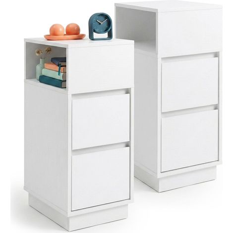 Lot de 2 Tables de Chevet, 2 tiroirs, 1 Niche Ouverte, Blanc (1/5)