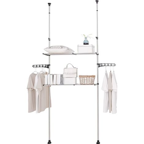 Étagère Télescopique de Salle de Bain Etagère au-Dessus des Machine a Laver Toilettes WC Rangement en Métal avec 2 Tablettes et 2 Cintre, Réglable en Hauteur et Largeur, sans Perçage, Noir (1/5)