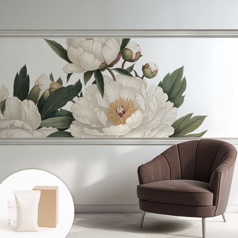 Tapete Vliestapete mit Kleber - abwaschbar - Tapete mit Motiv - trendige Wanddeko - elegant Fototapete Weiße Pfingstrosen 250x104 cm (1/5)