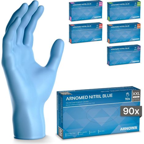 90x Gants en nitrile taille XXL Bleu, Gants à usage unique pour chirurgie & laboratoire, Gants en nitrile sans poudre et sans latex, Moufles en nitrile en XS, S, M, L, XL, XXL (1/5)