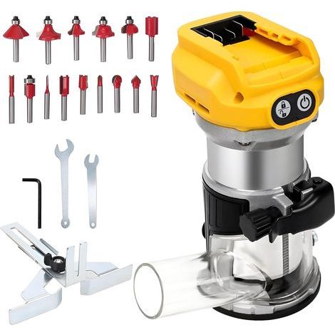 Défonceuse sans fil compatible avec batterie Dewalt 18 V 20 V, 800 W 30 000 tr/min, tondeuse à bois sans balais avec 6 vitesses, base en aluminium avec 15 mèches de défonceuse de 6,35 mm (1/5)