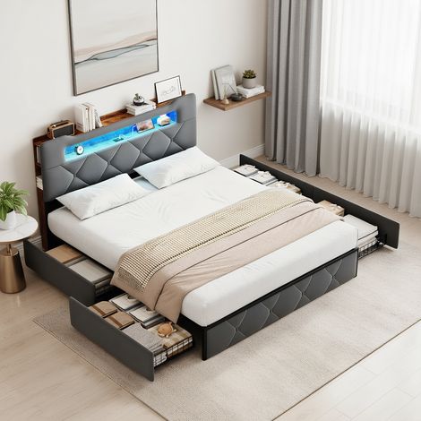 Polsterbett Doppelbett 140x200 cm, mit LED-Beleuchtung und USB-Ladestation, Modernes Jugendbett mit Stauraum, Bettgestell mit Kopfteil und Lattenrost, Velour Grau, Ohne Matratze
