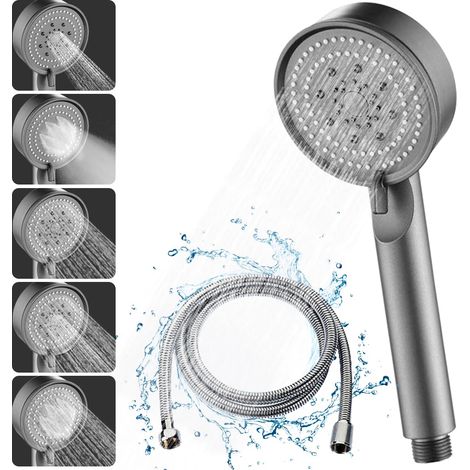 Pommeau de Douche Haute Pression, Pommeau de Douche Économie d'Eau 5 Modes Réglable, Pommeau de Douche Économique, Douchette Douche Salle de Bain, Pommeau de Douche avec 1.5M Tuyau (Grey Set) (1/5)