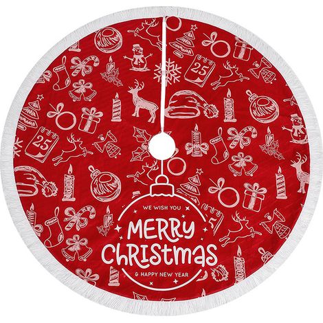Christmas tree skirt 48 inches red printed fringed Christmas tree skirt suitable for Christmas party home decoration (1/4)