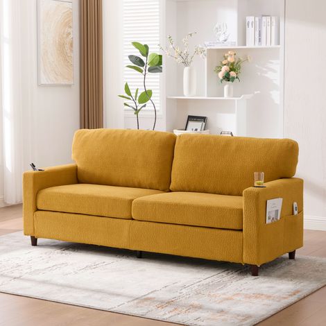 Divano 2 posti in ciniglia, divano dritto con portabicchieri e tasche laterali,Stile moderno, LED, giallo (1/5)