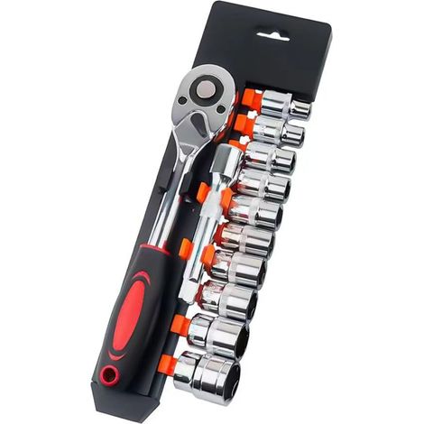 Lot 12 douilles longues 1/4" avec clé cliquet réversible 72 dents + barre extension 100mm – jeu douilles 4-13mm (1/5)