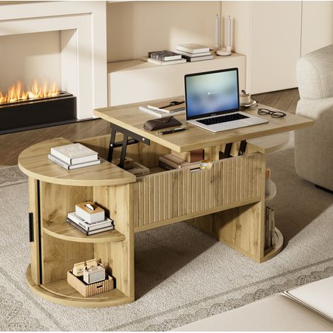 Table basse relevable 100x50x40,5 cm chêne en MDF avec rangement, portes coulissantes et étagères ouvertes (1/5)