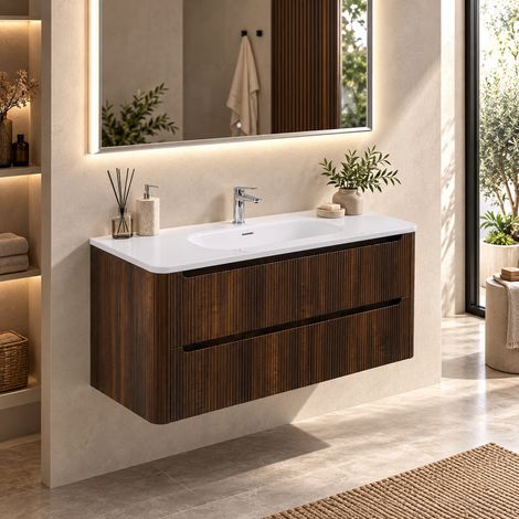 Meuble salle de bain design simple vasque TWILIGHT largeur 120 cm noyer rainuré (1/5)