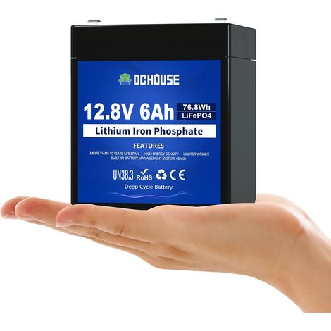 Petite batterie LiFePO4 12V 6Ah au lithium rechargeable avec 4000 cycles profonds et protection BMS pour camping-car, voiturette de golf, tondeuse à gazon, panneau solaire, camping (1/5)