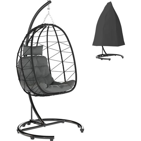 Fauteuil suspendu en rotin Chaise à bascule 195 cm de hauteur Indoor Outdoor incl. structure, coussins, couverture imperméable, pour terrasse, jardin jusqu'à 150 kg, gris foncé (1/5)