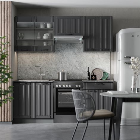 Cuisine Fame-Line, Gris foncé, 200cm , PT Chêne, Vicco