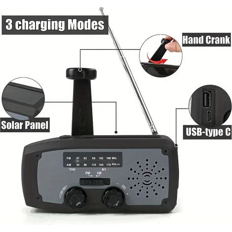 Radio AM/FM d'urgence avec cellules solaires et manivelle, batterie 2000 mAh avec lampe torche LED pour une utilisation en extérieur, noire. (1/4)