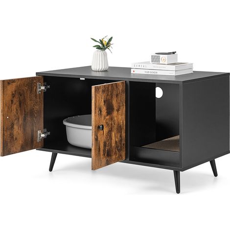 Goplus – Maison de toilette pour chat 90 x 50 x 54 cm – Armoire à double porte – Griffoir inclus – Bois d'ingénierie et métal – Marron (1/5)
