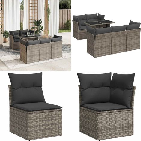 Set de muebles de jardín 6 pzas y cojines ratán sintético gris - Muebles de jardín - Sofás de jardín