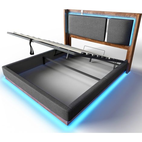 Letto 140 x 190 cm con rete, LED e contenitore idraulico, lino grigio e noce, senza materasso (1/5)
