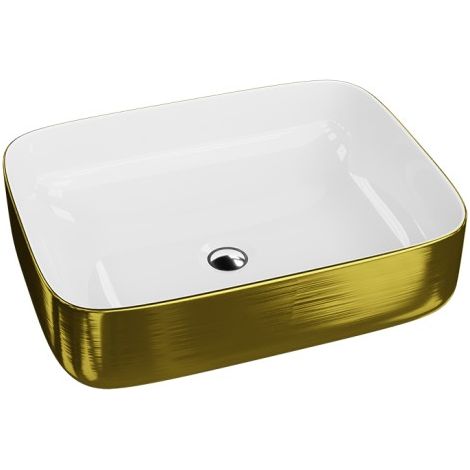 LAVITA Aufsatzwaschtisch Galera Brushed Gold Aufsatzwaschbecken Rechteckig Waschbecken ohne Überlauf und Hahnloch Aus hochwertigem Porzellan Waschtisch 50,5x40x14 cm Weiß/Gold (1/5)