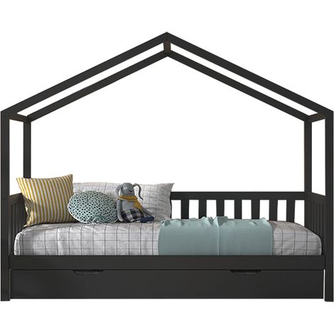 Lit cabane 90x200 sommier et tiroir inclus Vipack Dallas Anthracite (1/5)
