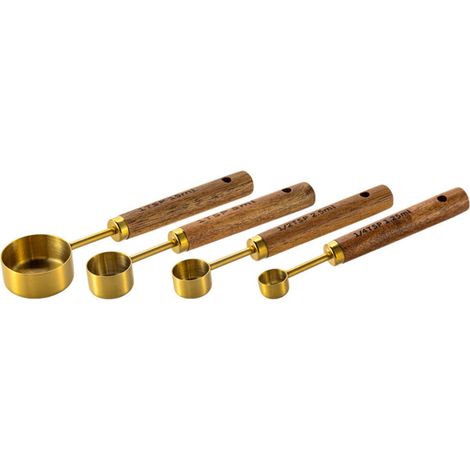 Tasses Et Cuillères À Mesurer - Acier Inoxydable Plaqué Or - Manches En Bois Naturel - Graduations US Et Métriques - Lot De 4 (1/5)