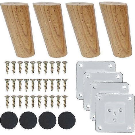 Ces quatre pieds de meubles biseautés en bois de 10 cm conviennent pour remplacer les pieds pleins de canapés, fauteuils, tables et meubles TV. Accessoires inclus. (1/5)