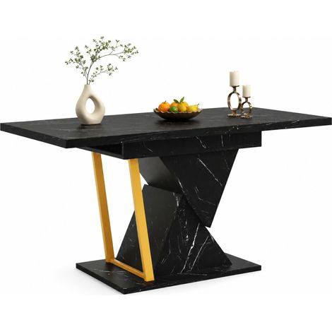 Table à manger extensible noire 110-140 x 80 x 76 cm, plateau effet marbre en MDF et structure métal, rallonge avec rangement intégré, cuisine et salle à manger CHICFURN (1/5)