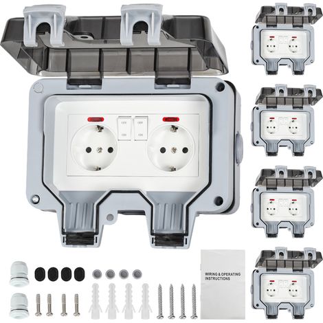 Wolketon 5X Außensteckdose Gartensteckdose Outdoor Steckdose IP66 16A Wasserdicht Staubdicht Wandsteckdose 2 Loch mit Schalter