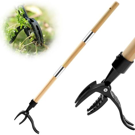Désherbeuse à manche en bois 1,1 m Désherbeuse à pédale avec 4 griffes métalliques Désherbeuse verticale pour pelouse Outil de jardinage adapté aux animaux de compagnie