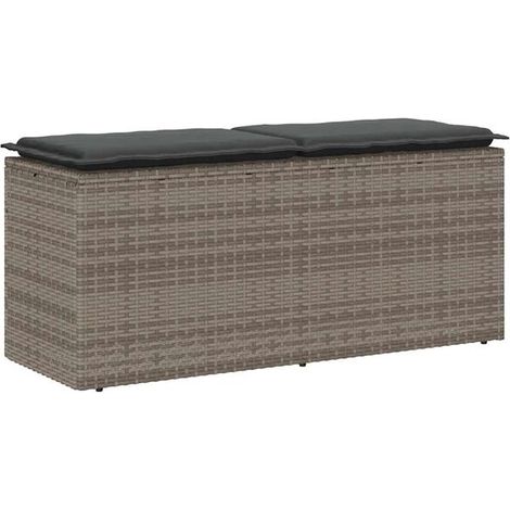 Banc de jardin en résine tressée avec coussin gris 110x40x44 cm (1/5)