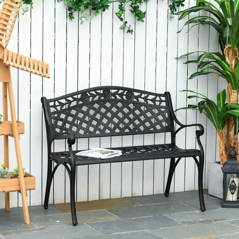 Banc 2 places, banc de jardin en aluminium, banc en métal avec accoudoirs, style champêtre, noir, 102,5 x 61 x 84 cm (1/5)
