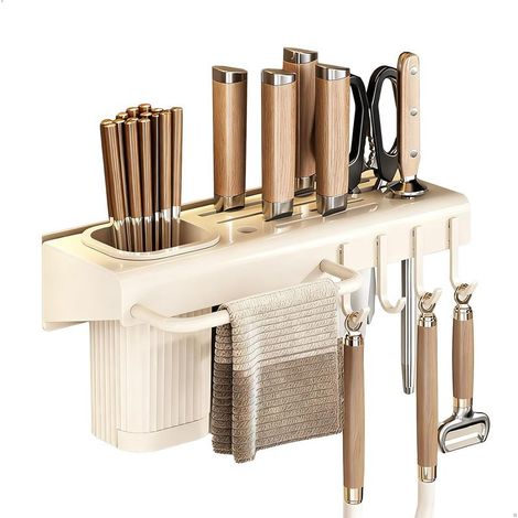 Porte Couteau,Range Couteaux de Cuisine Multifonctionnel avec Porte Baguettes,Porte Chiffons et 4 Crochets, Support Couteaux Résistant à L'eau Rangement pour Couverts,Ciseaux et Chiffons (1/5)