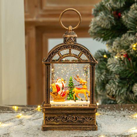 Lanterne de Noël lumineuse à neige flottante, scène Père Noël traîneau rennes, décoration de table portable, cadeau de Noël, 11 × 6,5 × 21 cm