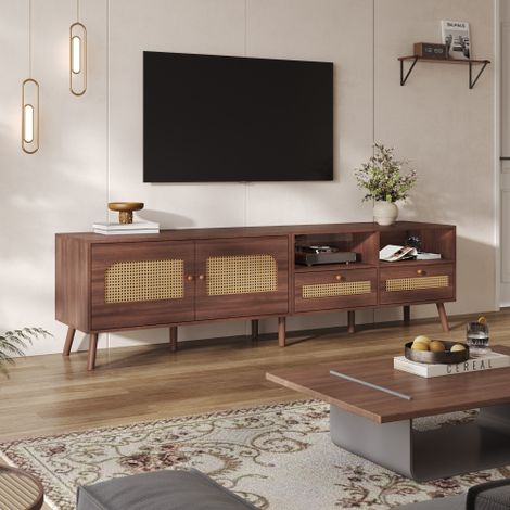 Okwish – Meuble TV marron 200 cm – Buffet bas 2 portes rotin et 2 tiroirs – Dimensions 200x37x49,5 cm – Support jusqu'à 80 pouces (1/5)