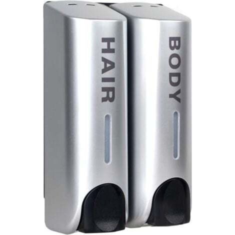 Set of soap dispensers for shower gel, shampoo, and conditioner, wall-mounted, silver. (1/4)