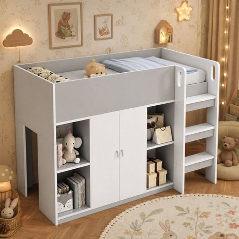 DESMIU Lit Mezzanine Enfant 1 Place avec Armoire, Étagères et Échelle 90 × 200 cm, sans matelas, Gris (1/4)