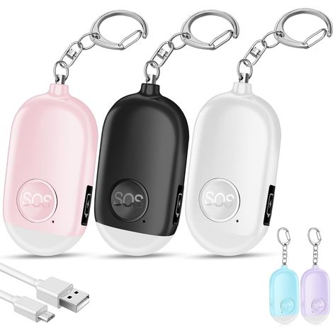 Set mit 3 persönlichen Sicherheitsalarmen für Frauen, wiederaufladbare 130-dB-Selbstverteidigungs-Schlüsselanhänger mit LED-Taschenlampe, akustischer Notfallalarm für Kinder und ältere Menschen