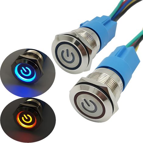 19mm 12V Verrouillage Bouton-poussoir, Symbole d'alimentation avec source lumineuse LED Démarrage Bouton Commutateur Bouton Auto-bloquant en Acier Inoxydable 2 Pcs (Rouge+Bleu) (1/5)